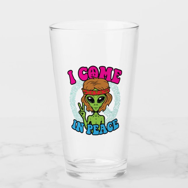 Hippie Alien I Come In Peace Trippy Peace Sign Glass (Front)