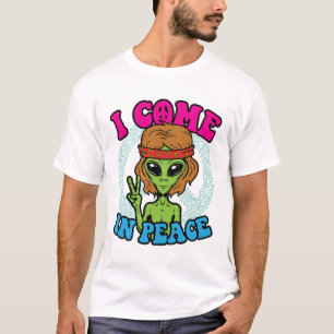 Hippie Alien I Come In Peace Trippy Peace Sign T-Shirt