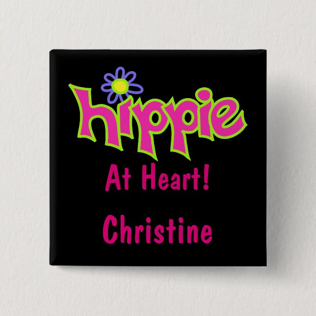 Hippie at Heart Hot Pink Art Black Name Badge (Front)