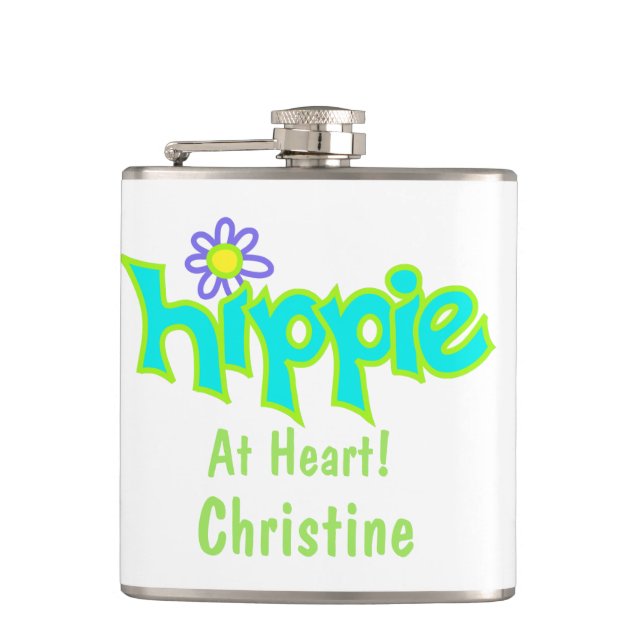 Hippie at Heart Turquoise Art Name Personalised Hip Flask (Front)