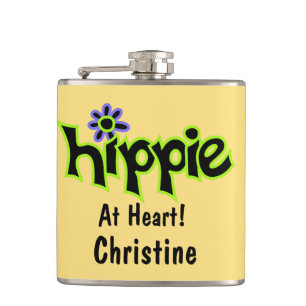 Hippie at Heart Yellow Art Name Personalised Hip Flask