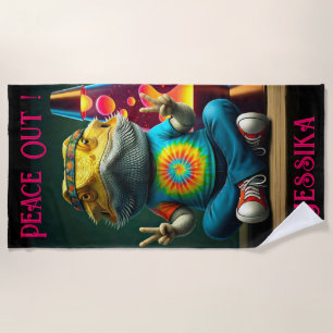 Hippie Bearded Dragon Peace Retro Custom Beach Towel