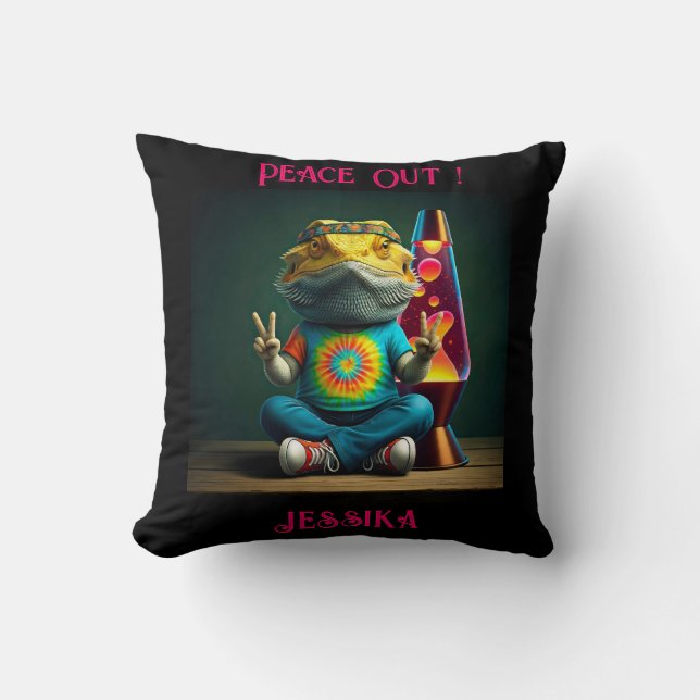 Hippie Bearded Dragon Peace Retro Custom  Cushion (Front)
