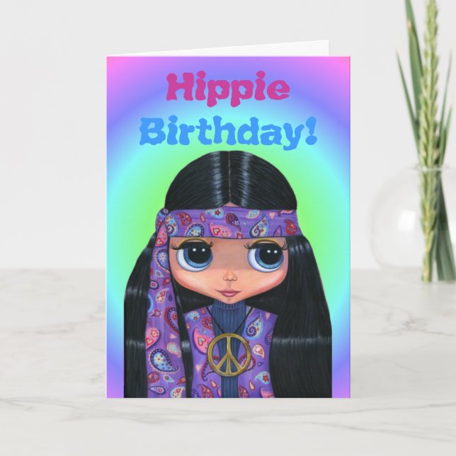 Hippie Birthday! Purple Paisley Cute 60s Chick Card (Front)