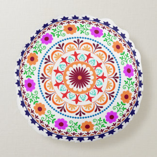 Hippie bohemian floral design round pillow-white cushion