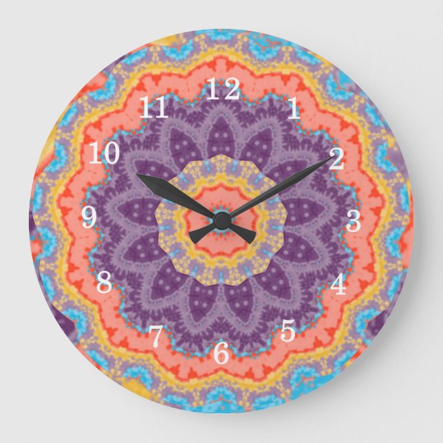 Hippie Bohemian Floral Mandala Colourful Purple Mi Large Clock (Front)