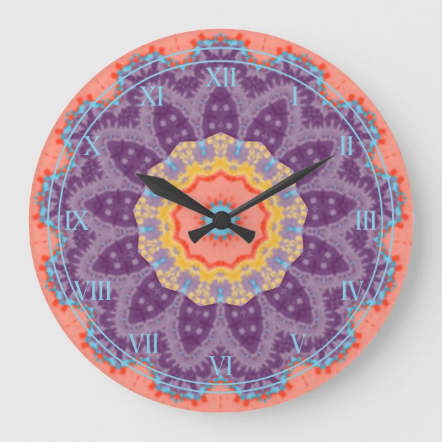 Hippie Bohemian Floral Mandala Colourful Purple Mi Large Clock (Front)
