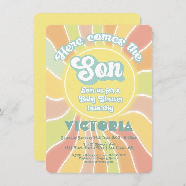 Hippie Boho Baby Shower Sunshine Son Invitation (Front/Back)