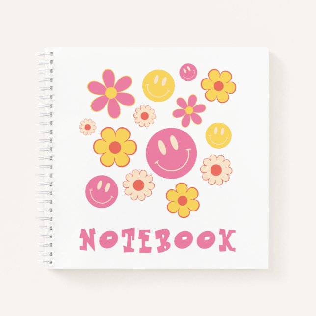 Hippie Boho Flowers and Smile Retro Notebook (Front)