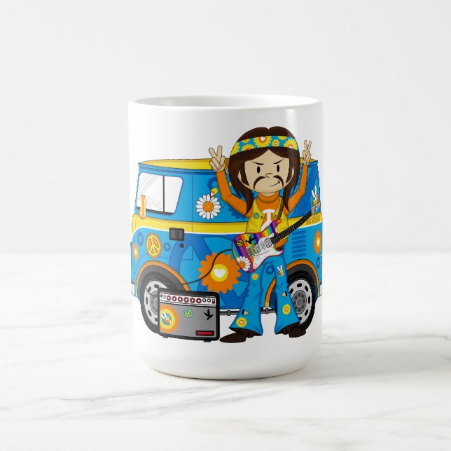 Hippie Boy with Guitar and Camper Van Coffee Mug (Center)