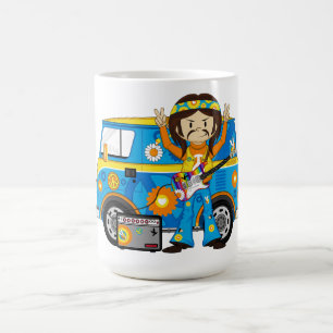 Hippie Boy with Guitar and Camper Van Coffee Mug