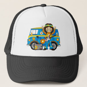 Hippie Boy with Guitar and Camper Van Trucker Hat