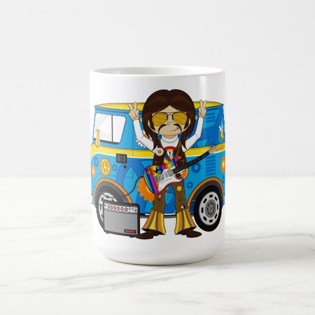 Hippie Boy with Guitar & Camper Van Coffee Mug (Center)