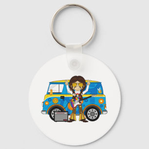 Hippie Boy with Guitar & Camper Van Key Ring