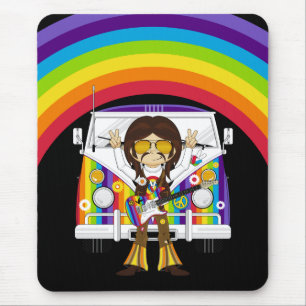 Hippie Boy with Guitar & Camper Van Mouse Mat