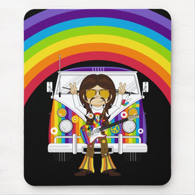 Hippie Boy with Guitar & Camper Van Mouse Mat (Front)