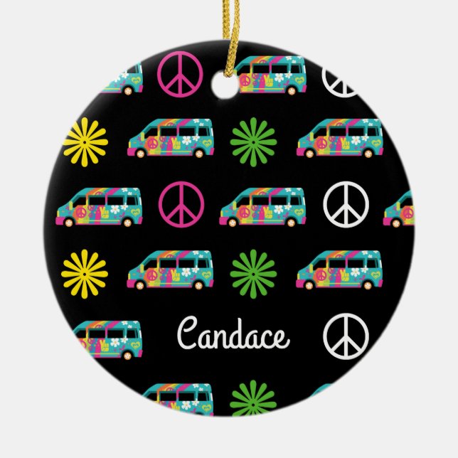 Hippie Bus Peace Sign 70s Ceramic Tree Decoration (Front)