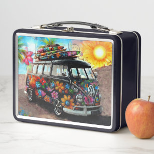 Hippie Bus Van on Tropical Beach w/Surf Boards Metal Lunch Box
