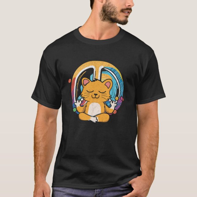 Hippie Cat Yoga Peace Sign  Feline Meditation T-Shirt (Front)
