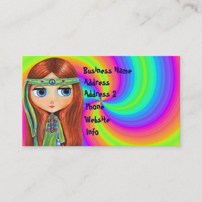 Hippie Chick 1960s Tie Dye Big Eye Doll Business Card (Front)