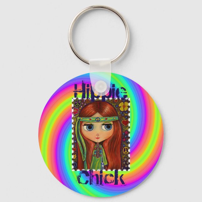 Hippie Chick 1960s Tie Dye Big Eye Doll Headband Key Ring (Front)