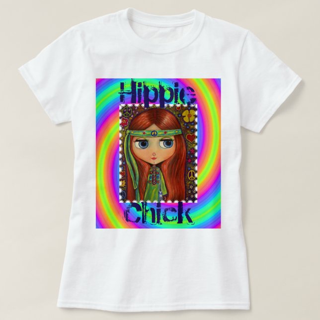 Hippie Chick 1960s Tie Dye Big Eye Doll T-Shirt (Design Front)