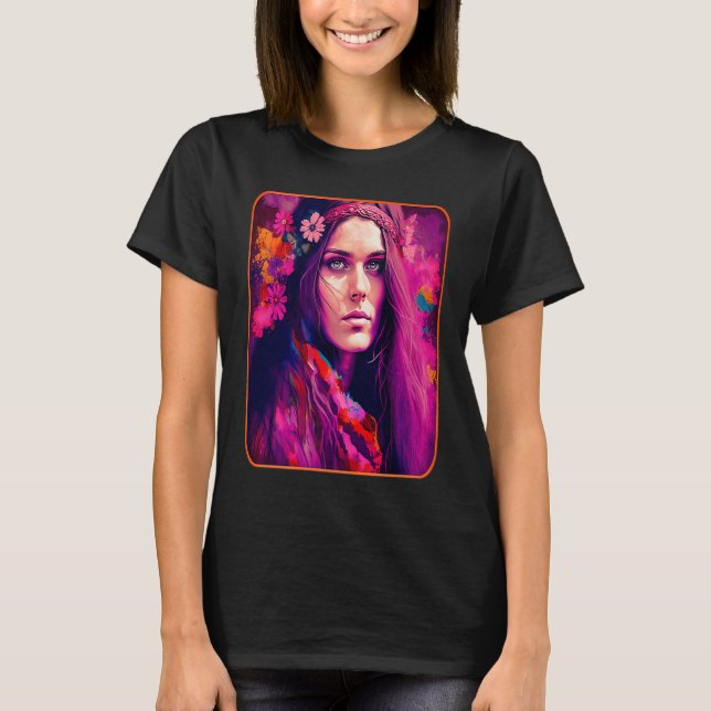 Hippie Child In Pink With Flowers In Her Hair Retr T-Shirt (Front)