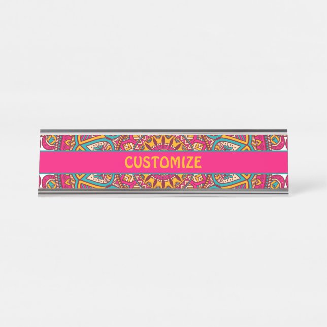 Hippie Colourful Pink Mandela 70s Boho Desk Name Plate (Front)