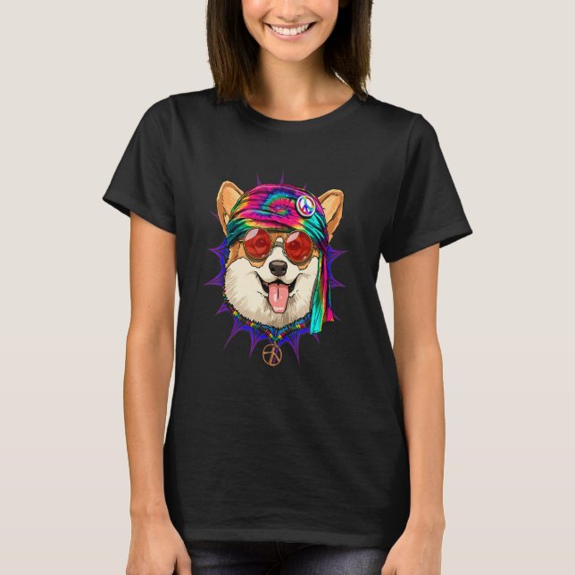 Hippie Corgi Tie Dye Peace Sign Psychedelic Corgi  T-Shirt (Front)