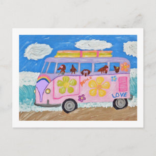Hippie Dachshunds in Flower Child Van at the Beach Postcard