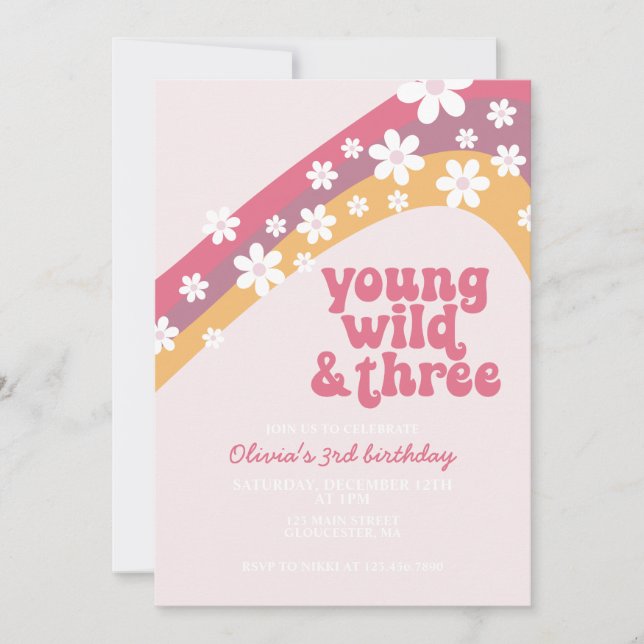 Hippie Daisy Young Wild and Three Birthday Invitation (Front)