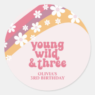 Hippie Daisy Young Wild and Three Rainbow Birthday Classic Round Sticker
