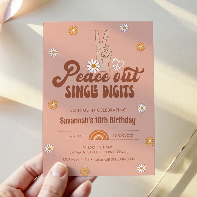 HIPPIE DAZE Peace Out Single Digits 10th Birthday Invitation (Creator Uploaded)