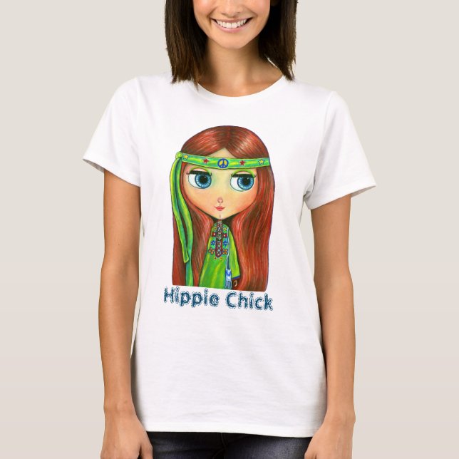 Hippie Doll Girl in Green Headband Peace Sign Cute T-Shirt (Front)