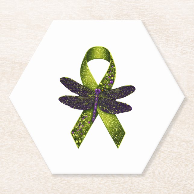 Hippie Dragonfly Green Ribbon Cerebral Palsy Aware Paper Coaster (Front)