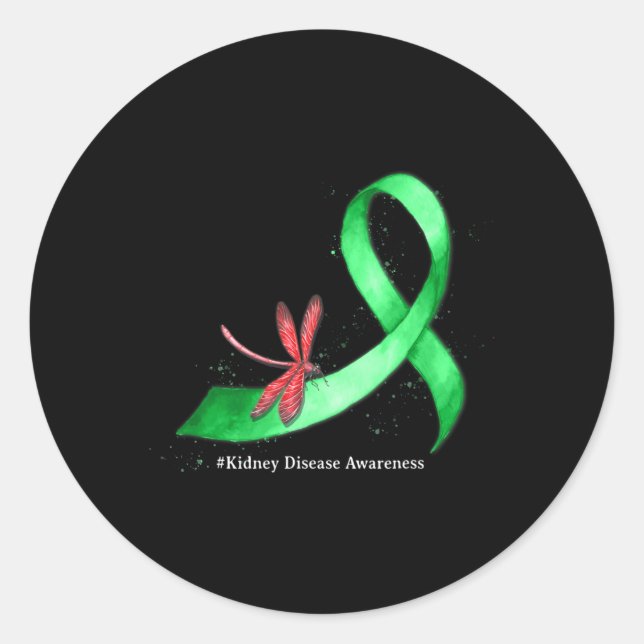Hippie Dragonfly Green Ribbon Kidney Disease Aware Classic Round Sticker (Front)
