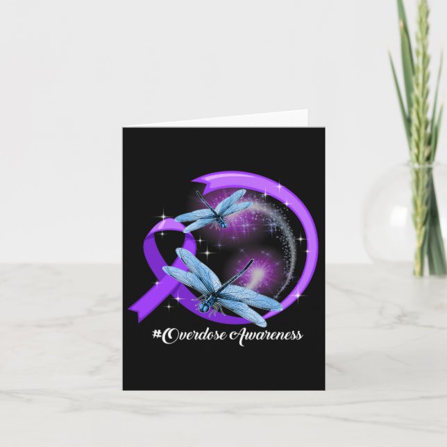 Hippie Dragonfly Purple Ribbon Overdose Awareness  Card (Front)