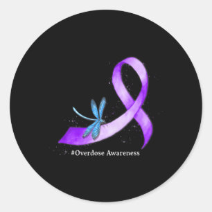 Hippie Dragonfly Purple Ribbon Overdose Awareness  Classic Round Sticker