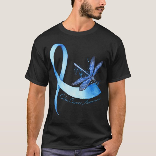 Hippie Dragonfly Ribbon Colon Cancer Awareness T-Shirt (Front)