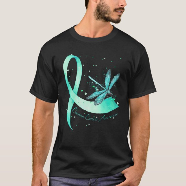 Hippie Dragonfly Teal Ribbon Ovarian Cancer Awaren T-Shirt (Front)