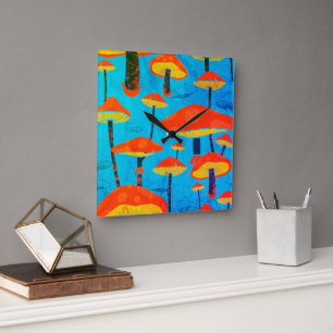 Hippie Dreamy Retro Vibe Enchanting Mushrooms Square Wall Clock