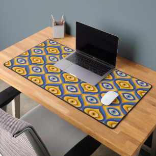 Hippie eye pattern indigo blue yellow psychedelic desk mat