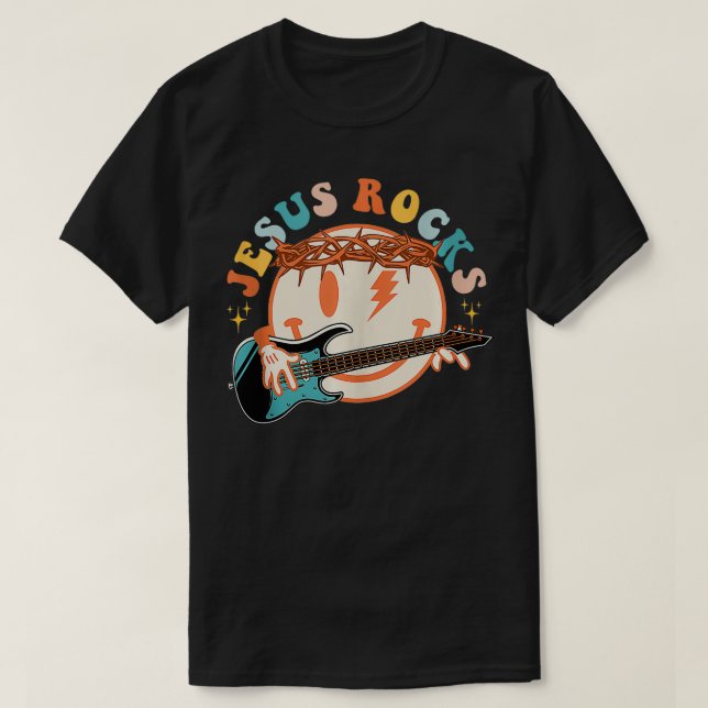 Hippie Face Jesus Rocks Faith Christian Faith Funn T-Shirt (Design Front)