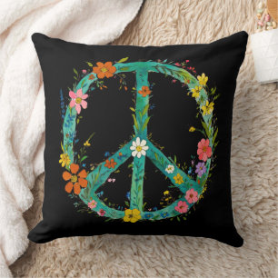 Hippie Floral Peace Sign On A Black Background Cushion