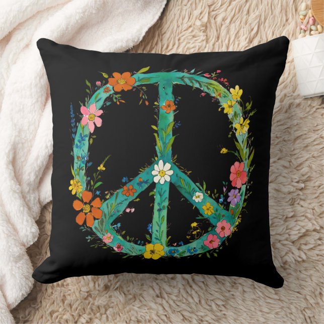 Hippie Floral Peace Sign On A Black Background Cushion (Blanket)