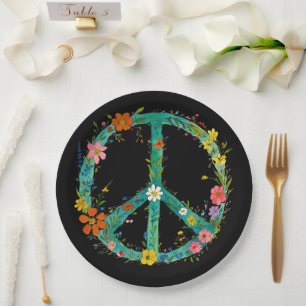 Hippie Floral Peace Sign On A Black Background Paper Plate