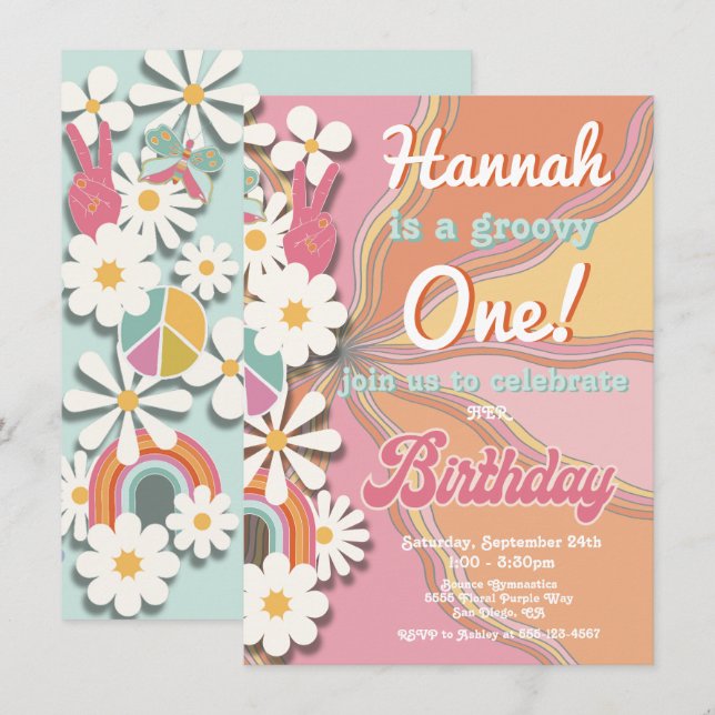Hippie Flower Power 70s 60s Birthday Party Invitat Invitation (Front/Back)