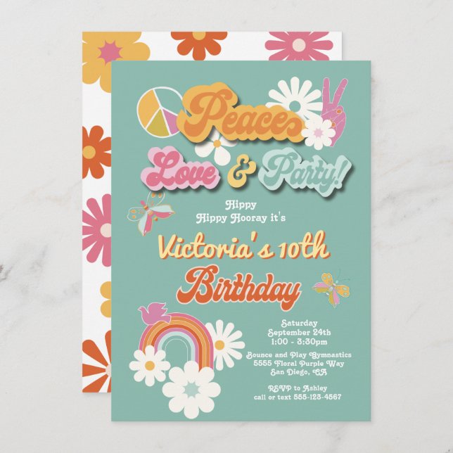 Hippie Flower Power 70s 60s Birthday Party Invitat Invitation (Front/Back)