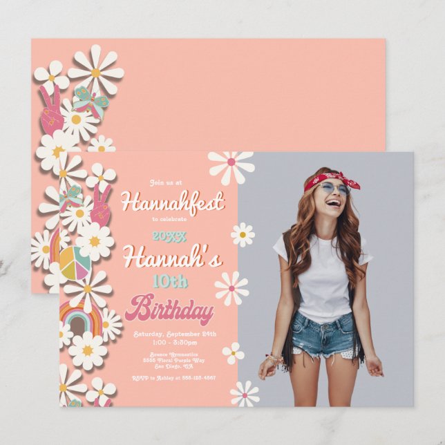 Hippie Flower Power 70s 60s Birthday Party Invitat Invitation (Front/Back)