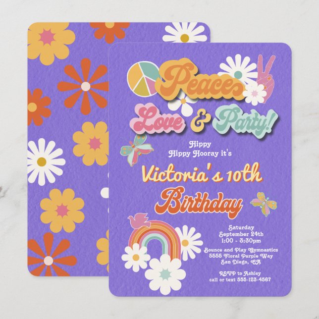 Hippie Flower Power 70s 60s Birthday Party Invitat Invitation (Front/Back)